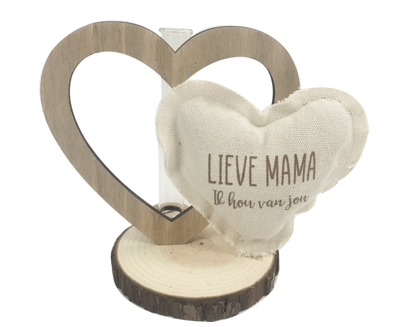 Houten harten vaas 'Lieve mama'