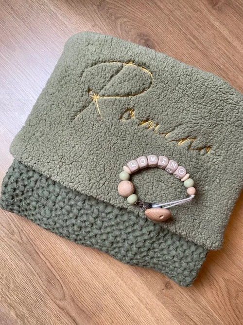 Babydeken - WAFEL/TEDDY - OLIVE GREEN